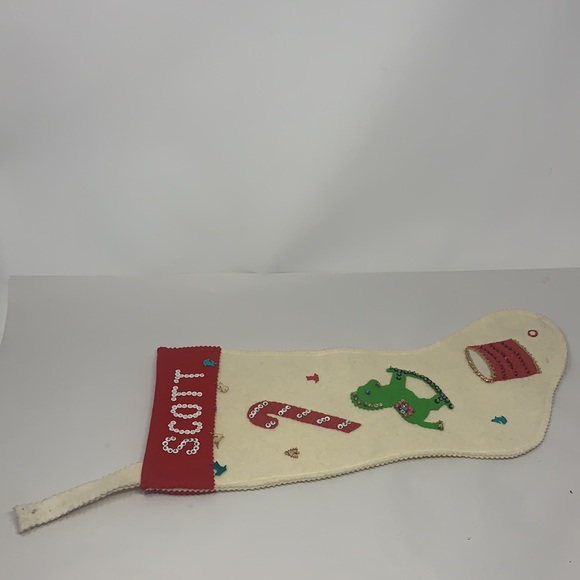 Vintage SCOTT felt Christmas stocking w/drum, rocking horse, candy cane, sequin - Picture 8 of 17